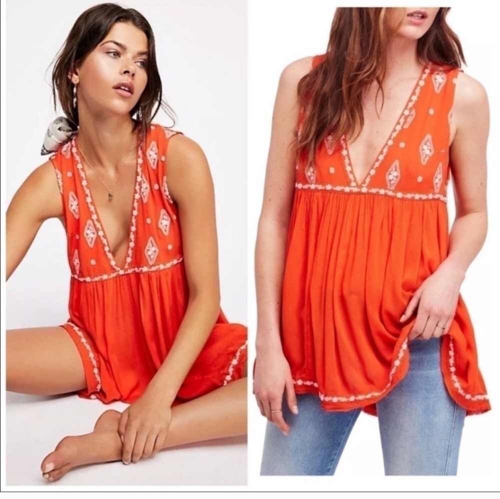 Free People Orange Sleeveless Embroidered Tunic SIZE SMALL
